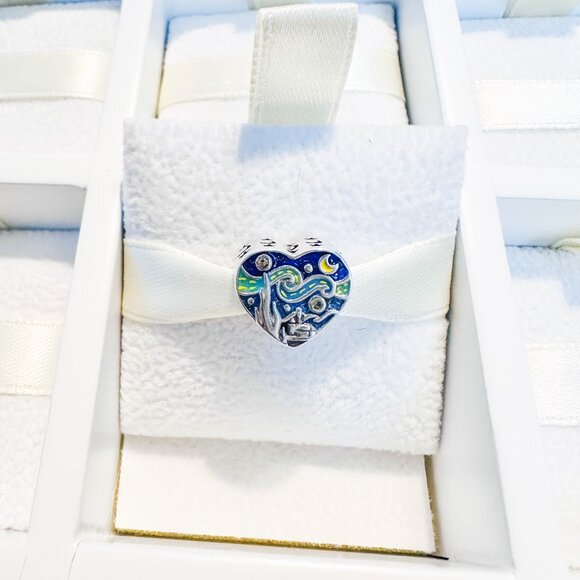 925 Sterling Silver Glow In The Dark Van Gogh Starry Night Heart Charm - Picture 4 of 8